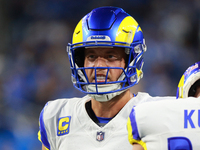 DETROIT,MICHIGAN-SEPTEMBER 8: Los Angeles Rams quarterback Matthew Stafford (9) is seen during warmups ahead of a game between the Los Angel...