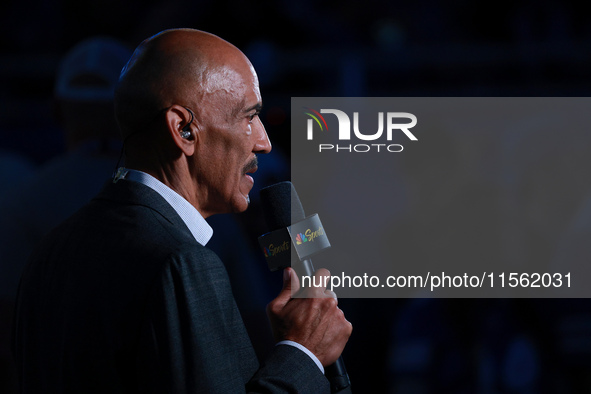 DETROIT,MICHIGAN-SEPTEMBER 8: NBC Sports Analyst Tony Dungy speaks during a segment prior to an NFL football game between the Los Angeles Ra...