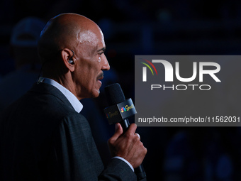 DETROIT,MICHIGAN-SEPTEMBER 8: NBC Sports Analyst Tony Dungy speaks during a segment prior to an NFL football game between the Los Angeles Ra...