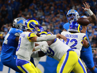 DETROIT,MICHIGAN-SEPTEMBER 8: Los Angeles Rams quarterback Matthew Stafford (9) throws a pass during the first half of an NFL football game...