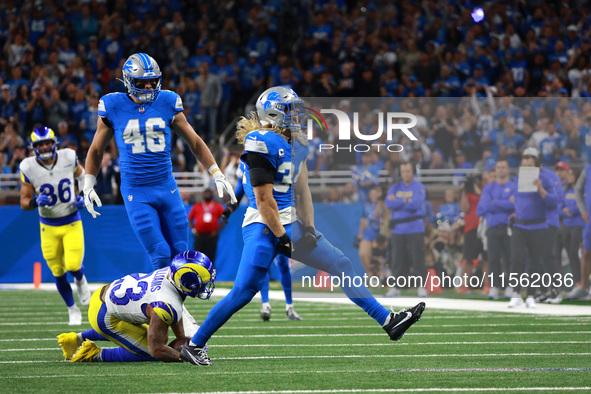 DETROIT,MICHIGAN-SEPTEMBER 8: Detroit Lions linebacker Alex Anzalone (34) reacts after aplay during the first half of an NFL football game b...