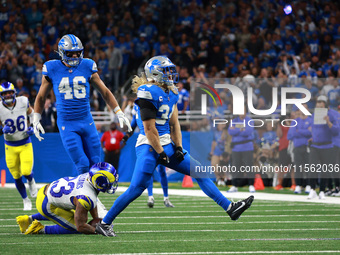 DETROIT,MICHIGAN-SEPTEMBER 8: Detroit Lions linebacker Alex Anzalone (34) reacts after aplay during the first half of an NFL football game b...