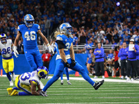 DETROIT,MICHIGAN-SEPTEMBER 8: Detroit Lions linebacker Alex Anzalone (34) reacts after aplay during the first half of an NFL football game b...