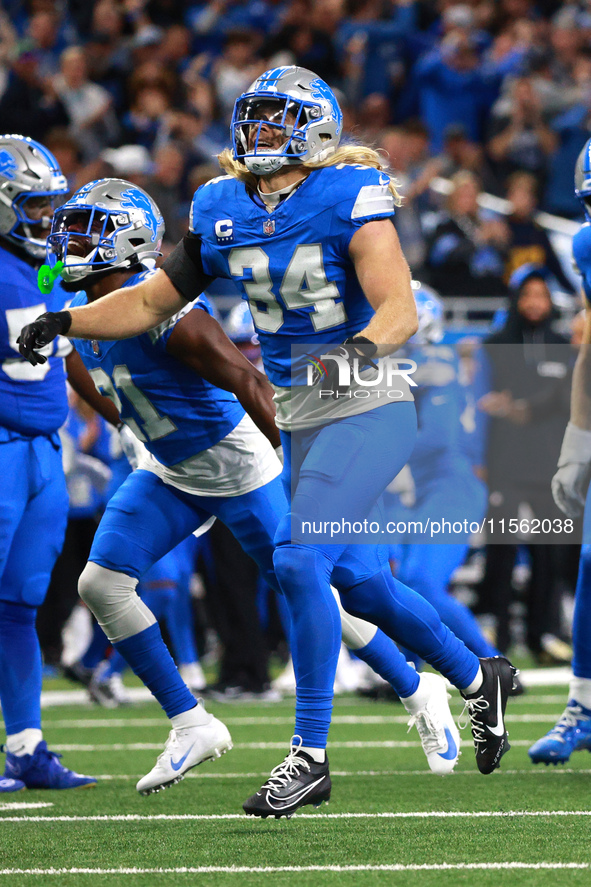 DETROIT,MICHIGAN-SEPTEMBER 8: Detroit Lions linebacker Alex Anzalone (34) reacts after a play during the first half of an NFL football game...