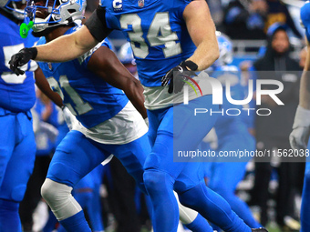 DETROIT,MICHIGAN-SEPTEMBER 8: Detroit Lions linebacker Alex Anzalone (34) reacts after a play during the first half of an NFL football game...