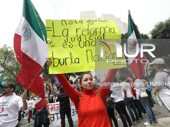 A judiciary worker shouts slogans against the judicial reform proposed by current President Andres Manuel Lopez Obrador while demonstrating...