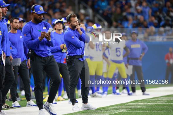 DETROIT,MICHIGAN-SEPTEMBER 8: Los Angeles Rams head coach Sean McVay follows the play during the first half of an NFL football game between...