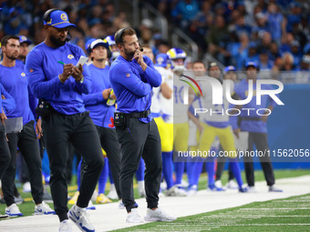 DETROIT,MICHIGAN-SEPTEMBER 8: Los Angeles Rams head coach Sean McVay follows the play during the first half of an NFL football game between...