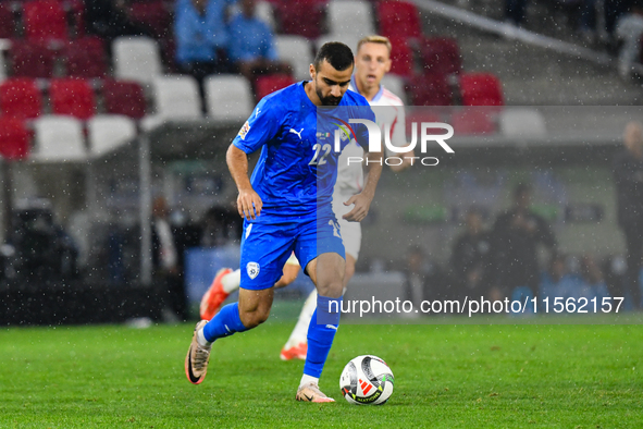 Mahmoud Jaber is in action during the Israel vs Italy match on matchday 2 of the UEFA Nations League 2024-2025, in Budapest, Hungary, on Sep...