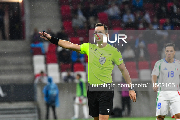 Ivan Kruzliak officiates during the Israel vs Italy match on matchday 2 of the UEFA Nations League 2024-2025 at Bozsik Arena in Budapest, Hu...