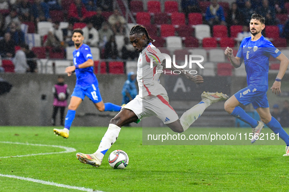 Moise Kean is in action during Israel vs Italy: matchday 2 of UEFA Nations League 2024-2025, at Bozsik Arena, in Budapest, Hungary, on Septe...