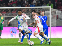 Destiny Udogie and Sandro Tonali are in action during Israel vs Italy: matchday 2 of UEFA Nations League 2024-2025, at Bozsik Arena in Budap...