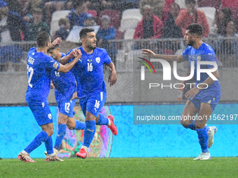 Mohammad Abu Fani celebrates during the Israel vs Italy match on matchday 2 of the UEFA Nations League 2024-2025, in Budapest, Hungary, on S...