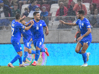 Mohammad Abu Fani celebrates during the Israel vs Italy match on matchday 2 of the UEFA Nations League 2024-2025, in Budapest, Hungary, on S...