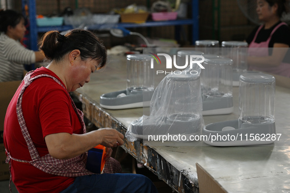 A worker assembles a pet water dispenser at a workshop in Suqian, China, on September 10, 2024. 