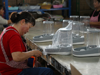 A worker assembles a pet water dispenser at a workshop in Suqian, China, on September 10, 2024. (