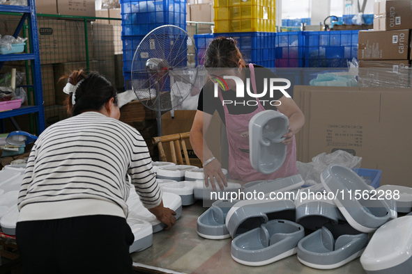 A worker assembles a pet water dispenser at a workshop in Suqian, China, on September 10, 2024. 