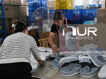 A worker assembles a pet water dispenser at a workshop in Suqian, China, on September 10, 2024. (