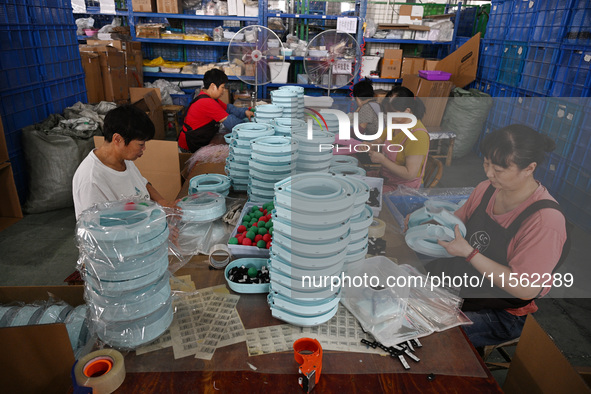 Workers assemble pet cat toys at a workshop in Suqian, Jiangsu province, China, on September 10, 2024. 