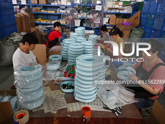 Workers assemble pet cat toys at a workshop in Suqian, Jiangsu province, China, on September 10, 2024. (