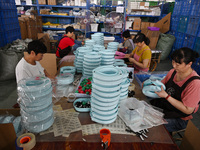 Workers assemble pet cat toys at a workshop in Suqian, Jiangsu province, China, on September 10, 2024. (