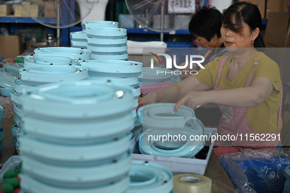 Workers assemble pet cat toys at a workshop in Suqian, Jiangsu province, China, on September 10, 2024. 