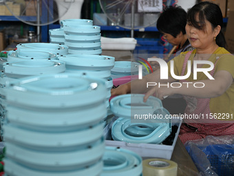 Workers assemble pet cat toys at a workshop in Suqian, Jiangsu province, China, on September 10, 2024. (