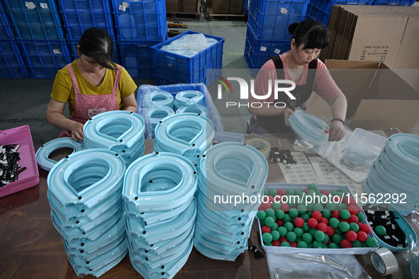 Workers assemble pet cat toys at a workshop in Suqian, Jiangsu province, China, on September 10, 2024. 