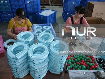 Workers assemble pet cat toys at a workshop in Suqian, Jiangsu province, China, on September 10, 2024. (