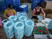 Workers assemble pet cat toys at a workshop in Suqian, Jiangsu province, China, on September 10, 2024. (