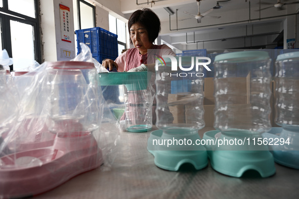 A worker assembles a pet water dispenser at a workshop in Suqian, China, on September 10, 2024. 