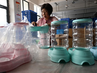 A worker assembles a pet water dispenser at a workshop in Suqian, China, on September 10, 2024. (