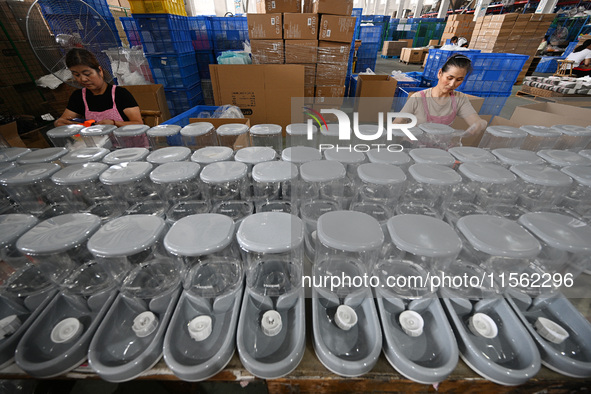 A worker assembles a pet water dispenser at a workshop in Suqian, China, on September 10, 2024. 