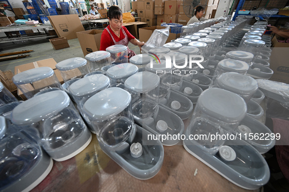 A worker assembles a pet water dispenser at a workshop in Suqian, China, on September 10, 2024. 