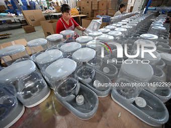 A worker assembles a pet water dispenser at a workshop in Suqian, China, on September 10, 2024. (