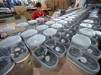 A worker assembles a pet water dispenser at a workshop in Suqian, China, on September 10, 2024. (