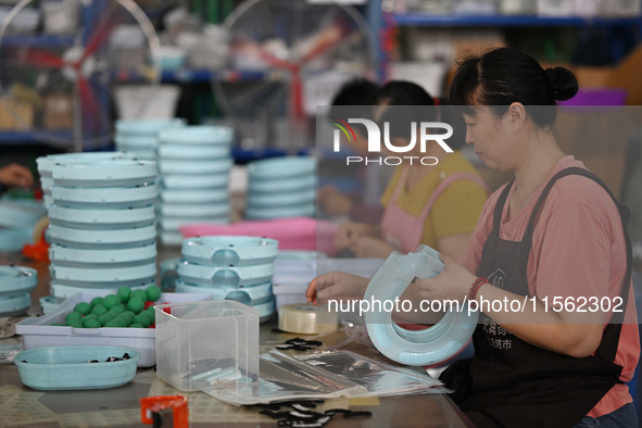 Workers assemble pet cat toys at a workshop in Suqian, Jiangsu province, China, on September 10, 2024. 