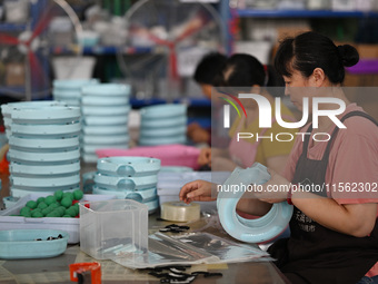 Workers assemble pet cat toys at a workshop in Suqian, Jiangsu province, China, on September 10, 2024. (