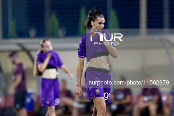 Amelie Delabre of Anderlecht gestures during the UEFA Women's Champions League First qualifying round, Semi-finals CP-Group 4 soccer match b...