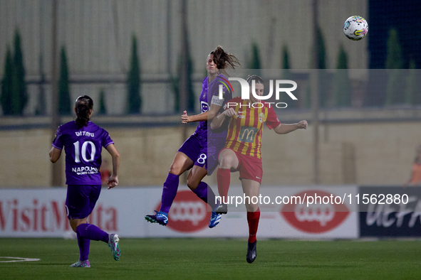 Laura De Neve of Anderlecht heads the ball ahead of Francesca Chircop of Birkirkara during the UEFA Women's Champions League First qualifyin...