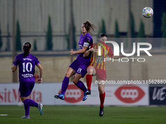 Laura De Neve of Anderlecht heads the ball ahead of Francesca Chircop of Birkirkara during the UEFA Women's Champions League First qualifyin...