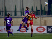 Laura De Neve of Anderlecht heads the ball ahead of Francesca Chircop of Birkirkara during the UEFA Women's Champions League First qualifyin...