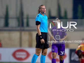 Tatyana Sorokopudova, a UEFA-appointed match referee, gestures during the UEFA Women's Champions League First qualifying round, Semi-finals...