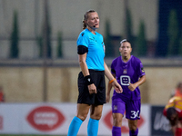 Tatyana Sorokopudova, a UEFA-appointed match referee, gestures during the UEFA Women's Champions League First qualifying round, Semi-finals...