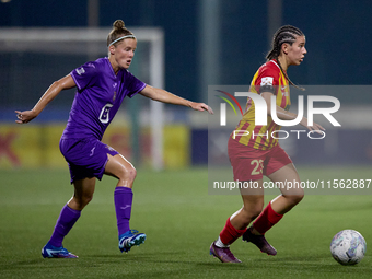 Mariah Cardona (R) of Birkirkara is closely followed by Laura Deloose (L) of Anderlecht during the UEFA Women's Champions League First quali...