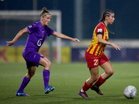 Mariah Cardona (R) of Birkirkara is closely followed by Laura Deloose (L) of Anderlecht during the UEFA Women's Champions League First quali...