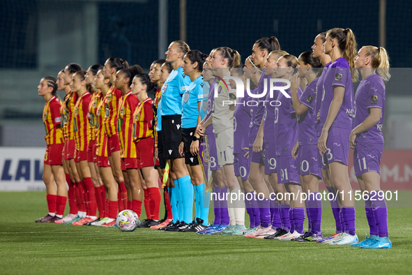 Women soccer players from Birkirkara and Anderlecht line up prior to the UEFA Women's Champions League First qualifying round, Semi-finals C...