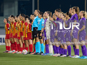 Women soccer players from Birkirkara and Anderlecht line up prior to the UEFA Women's Champions League First qualifying round, Semi-finals C...