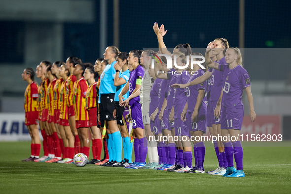 Women soccer players from Birkirkara and Anderlecht line up prior to the UEFA Women's Champions League First qualifying round, Semi-finals C...