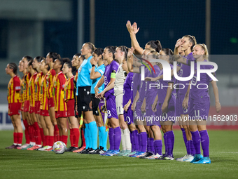 Women soccer players from Birkirkara and Anderlecht line up prior to the UEFA Women's Champions League First qualifying round, Semi-finals C...